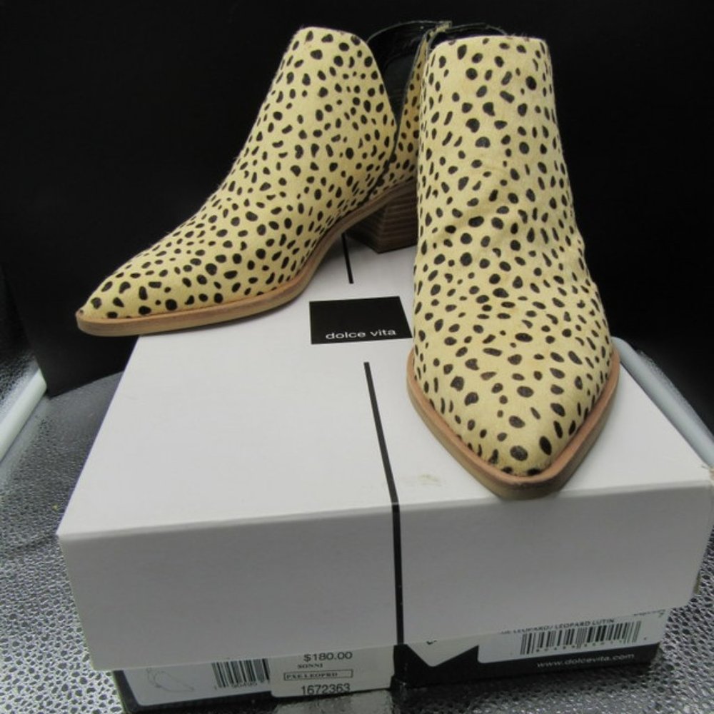 DOLCE VITA LEOPARD PRINT BOOTS.   DYED COW HAIR.  SIZE 7.  NIB